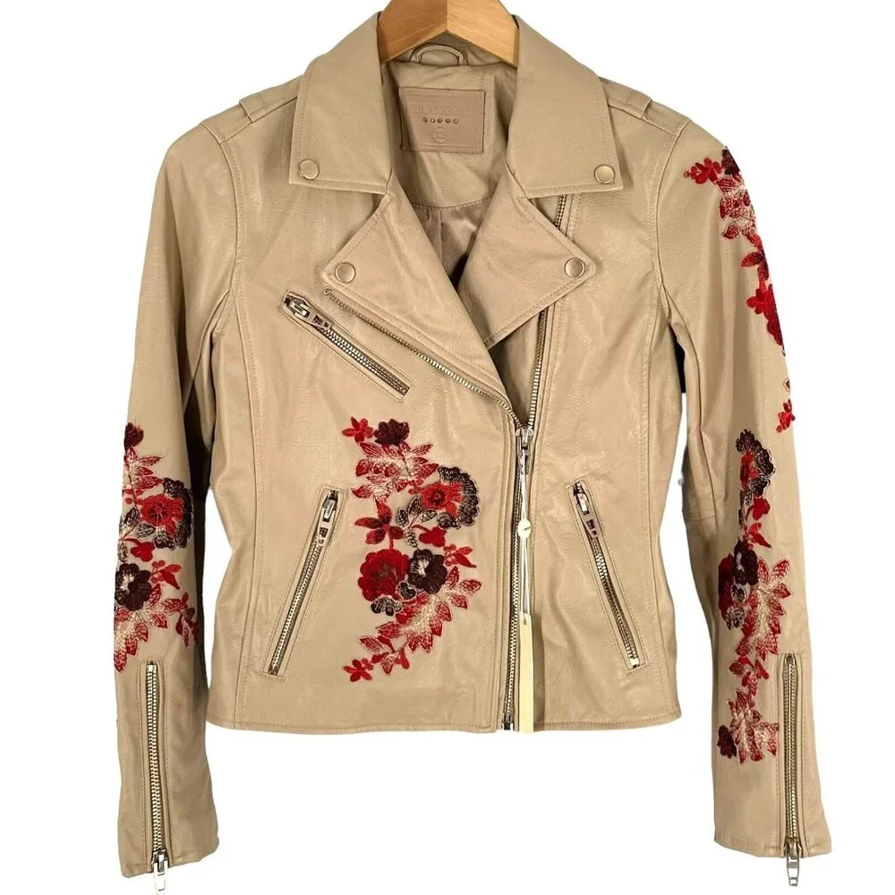 NWT Blank NYC Tan Floral Embroidered Vegan Leather Moto Jacket Size XS Biker - Picture 5 of 10